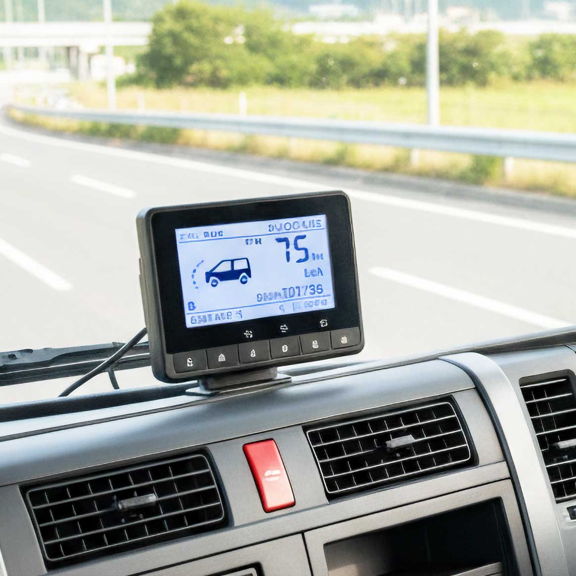 ダッシュボード上に設置され、画面に数値や車両アイコンが表示されているデジタルタコグラフ