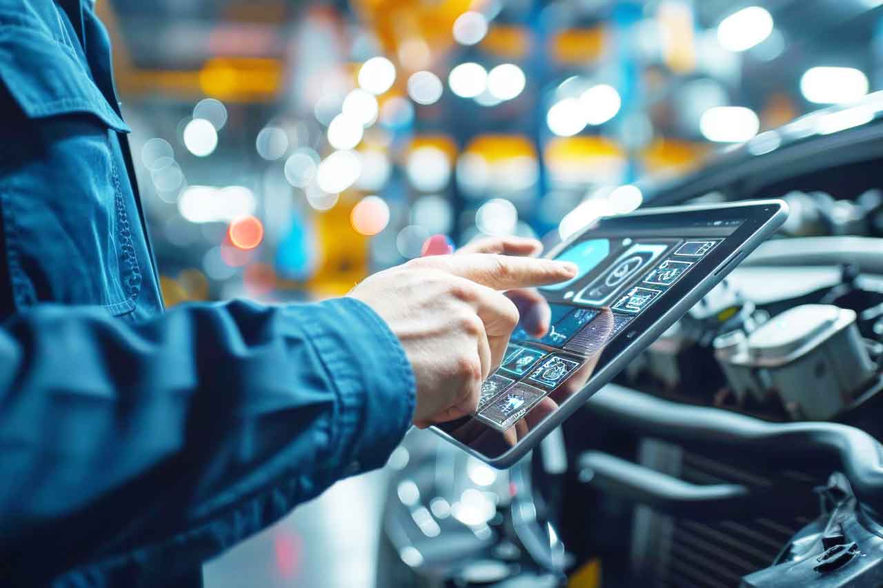 専用のタブレット型診断機（ダイアグテスター）を操作して自動車の点検を行う作業員